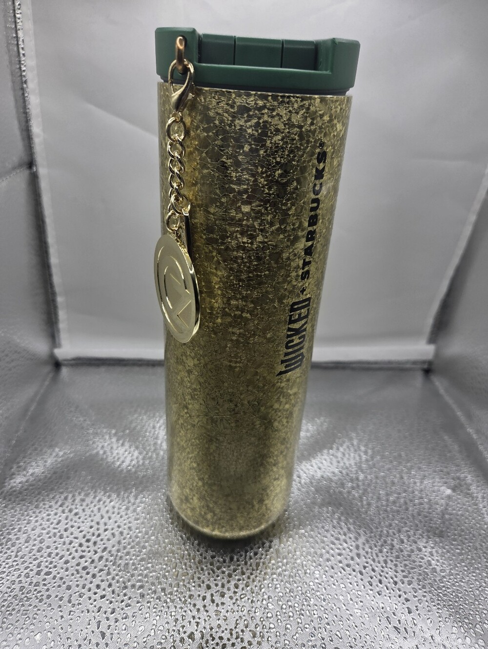 Starbucks Wicked Gold Glitter Tumbler with Green Lid and Charm - Reusable Travel